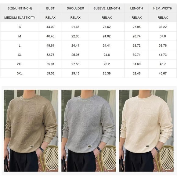 Men Men's Crewneck Sweat‎ Soild Color Geometric Texture Long Sleeve Casual Shirt - Picture 7 of 7